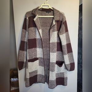 Love Tree Plaid Cardigan in Brown and Cream, Size Small